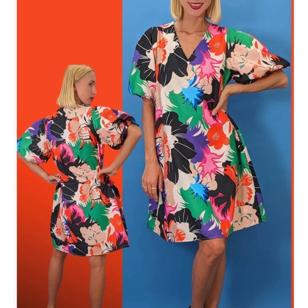 N by Nancy Womens Floral Puff Sleeve V-Neck Shift Dress Multi-Color Size M